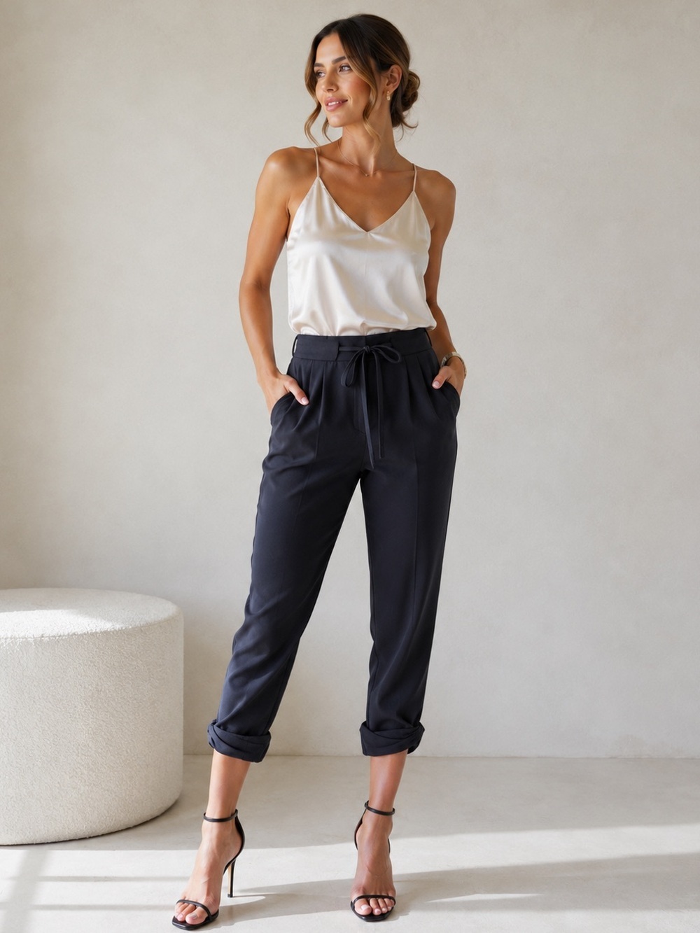 WILFRED by Aritzia Black Cropped Tapered Capri Pants Tie Waist Cuffed Hem Size 2